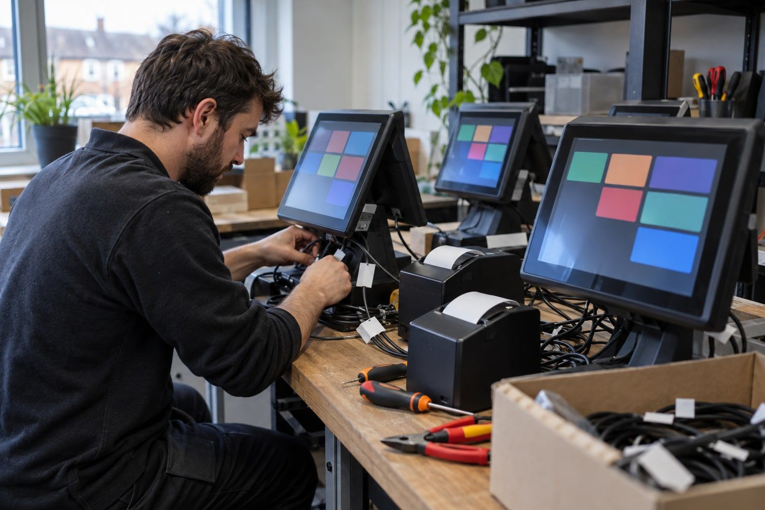 A workshop bench with EPOS terminals and hardware being set up and tested.