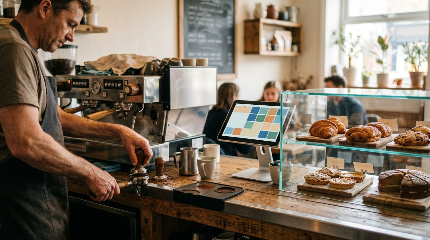 A café counter with a coffee machine and a till ready for the morning queue.