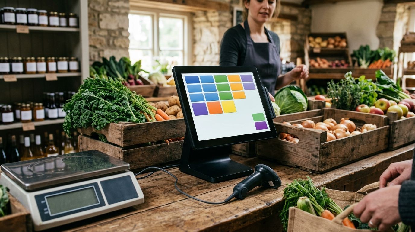 A convenience store counter with shelving behind it and a scanner-equipped till.