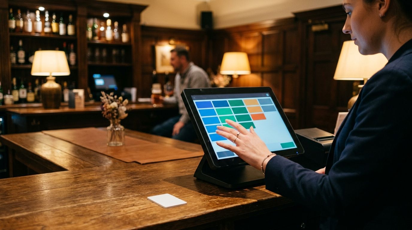 A hotel bar and lounge area with a till at the service point.