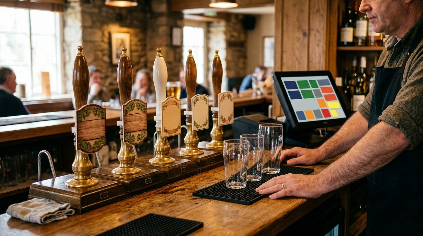 A bar counter with hand-pulled pumps and a till at the service end.