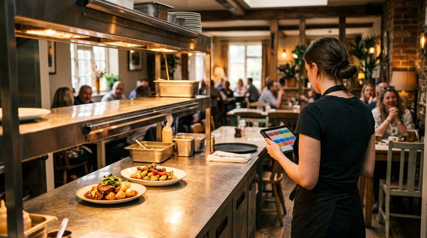 A laid table in a busy restaurant dining room, servers moving between covers.