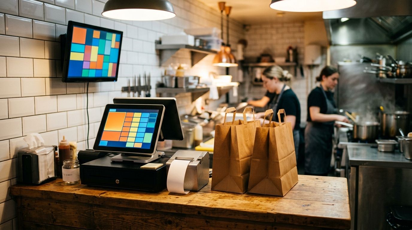 A takeaway counter with an order-ready screen and a queue of collection bags.