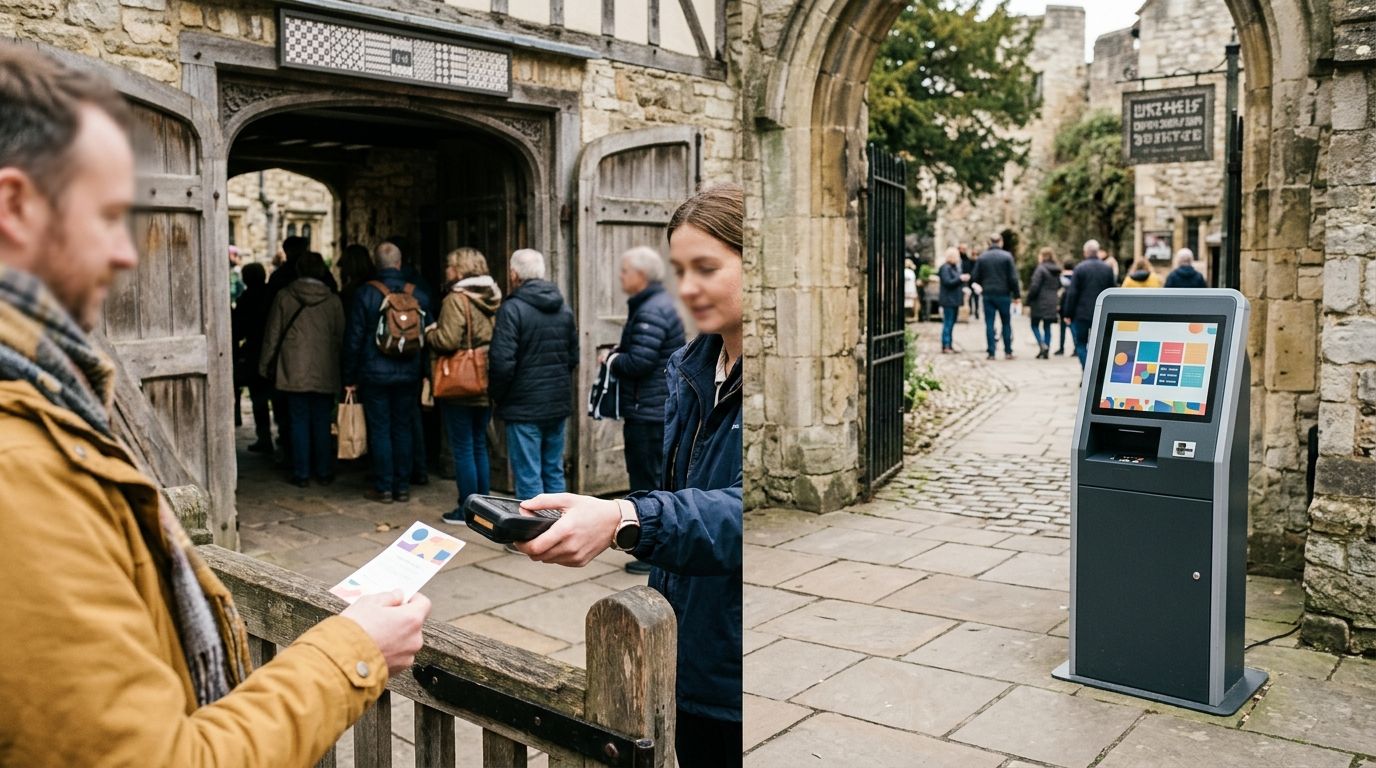 A venue entry point with a ticketing till and a queue barrier.