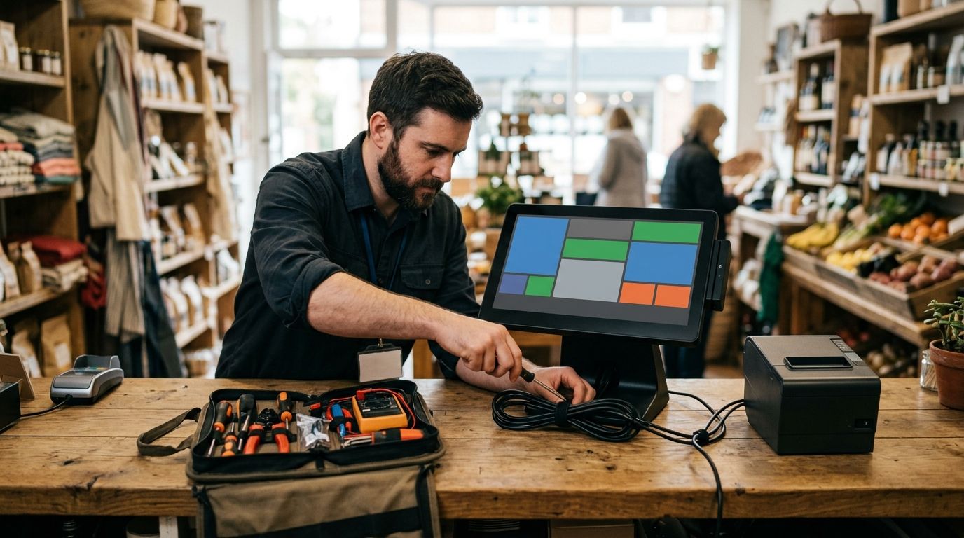 An engineer fitting a terminal on a counter with a tidy cable run.