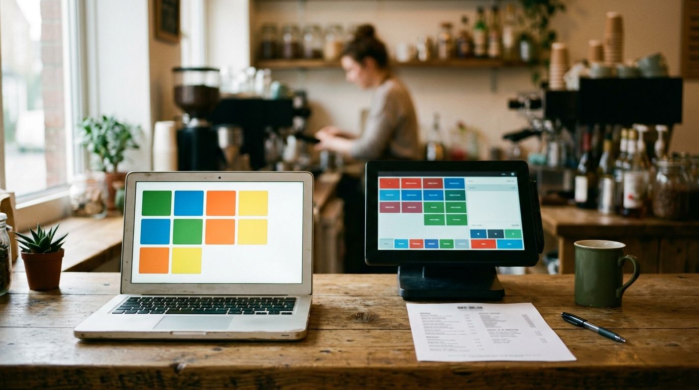 A till screen being set up with menu categories and buttons.