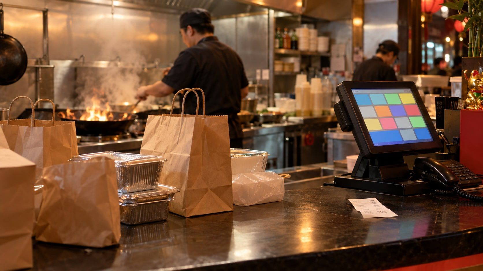 A Chinese takeaway counter with a wok station and a till for phone and walk-in orders.