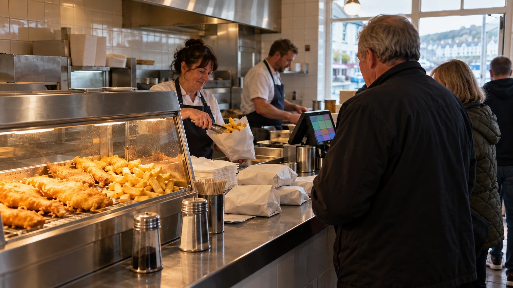 A chip shop counter with a fryer range and a till at the front.