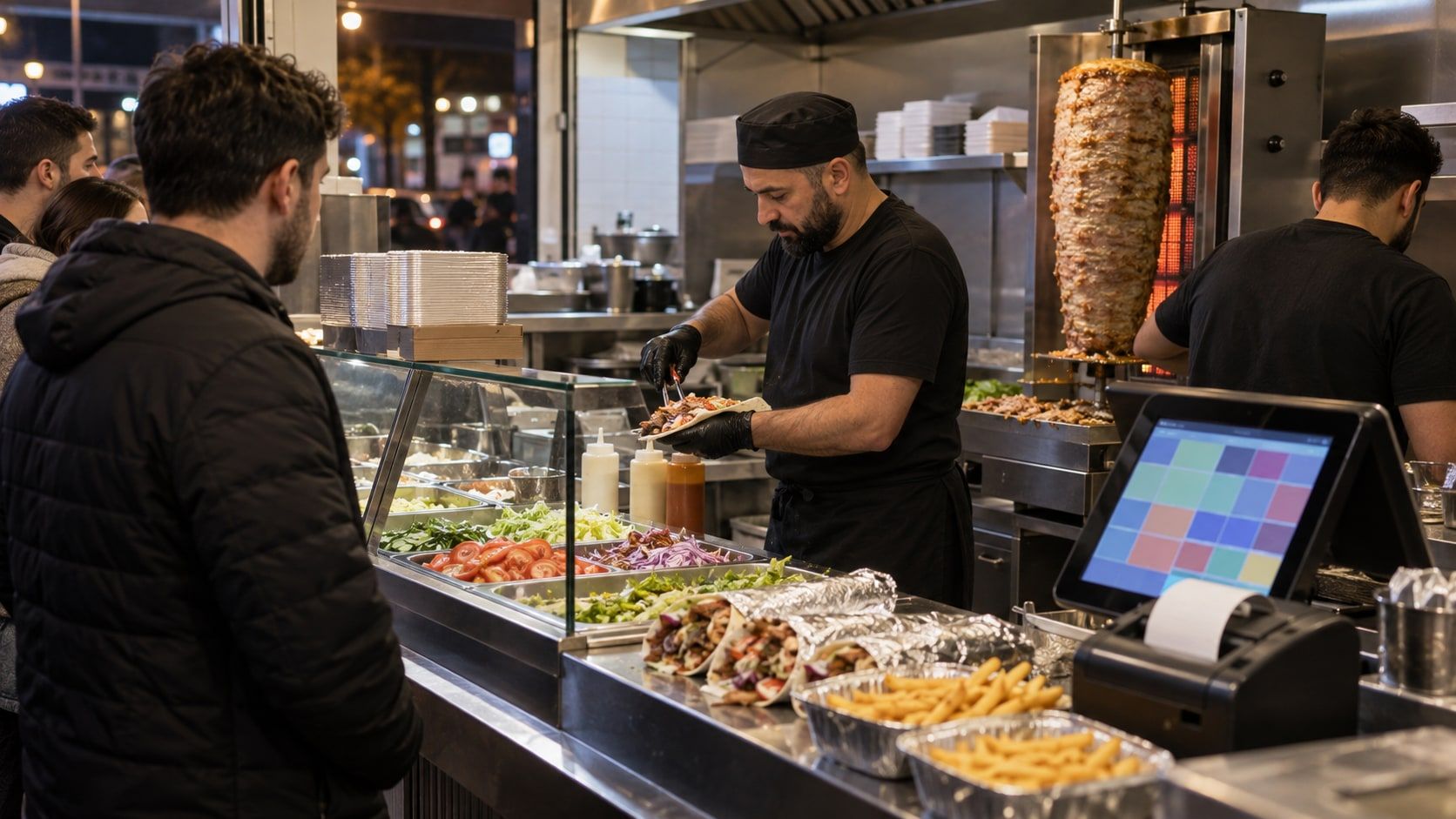A kebab shop counter with a vertical grill and a till by the window.