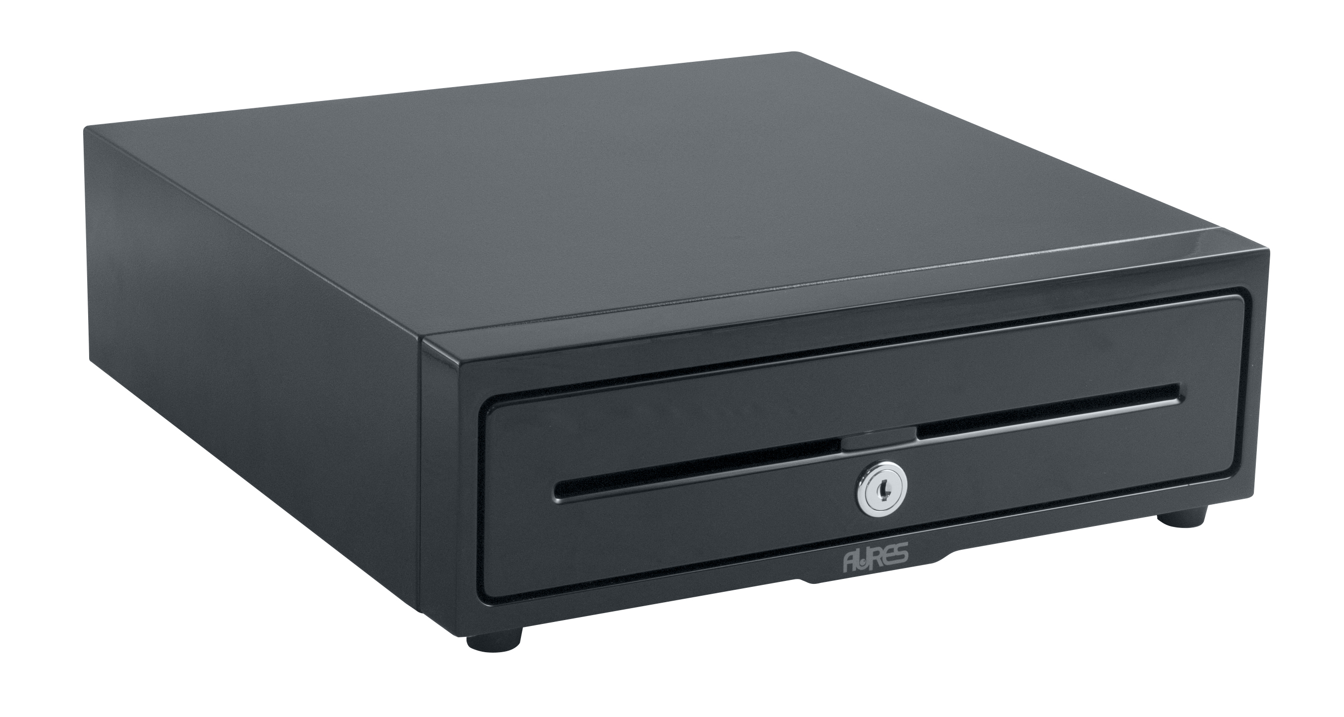 Aures 3S 333 compact cash drawer in black, closed, three-quarter view