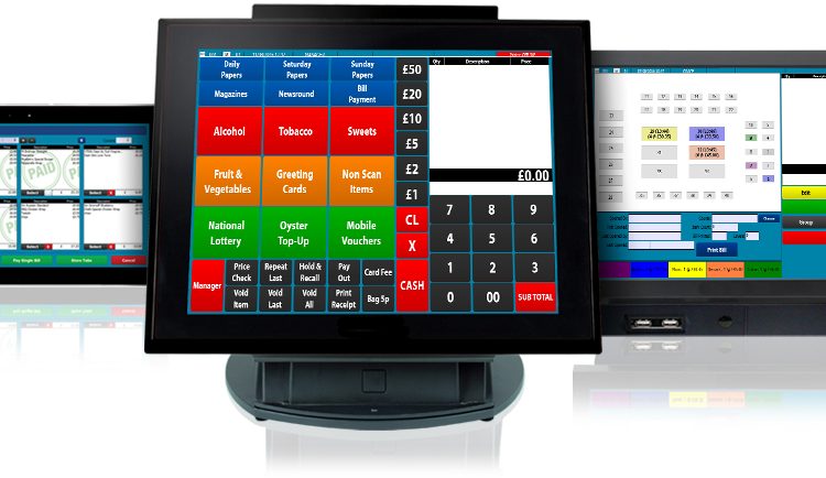 Three EPOS terminals side by side showing different till screen layouts