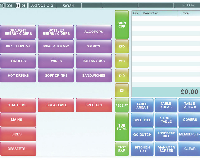 A CES Touch till screen laid out for a bar, with drinks grouped by category