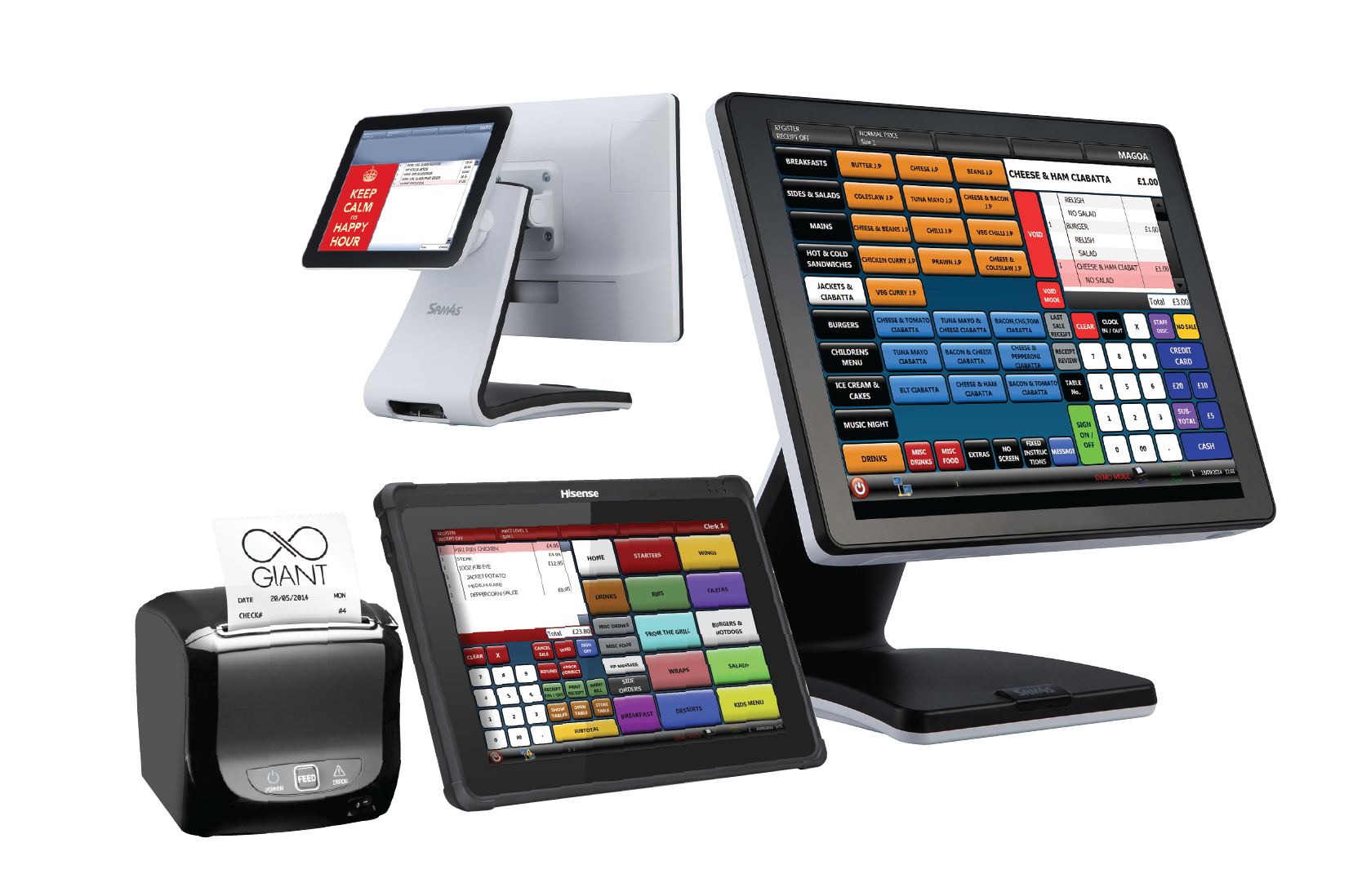 A group of EPOS hardware: two touch screen terminals, a tablet till, a receipt printer and a cash drawer