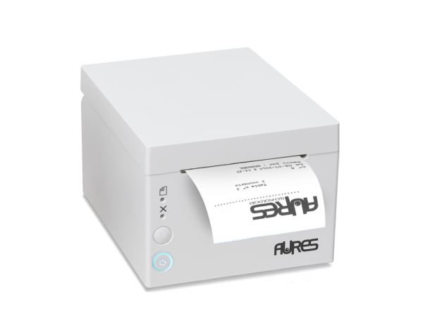 Aures ODP 333 thermal receipt printer in white with a receipt feeding from the front