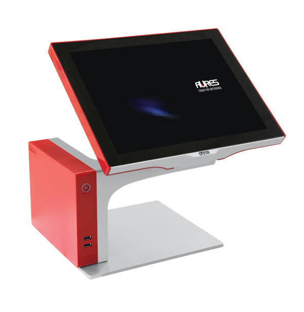 Aures Sango EPOS terminal with its screen suspended from a cast aluminium arm