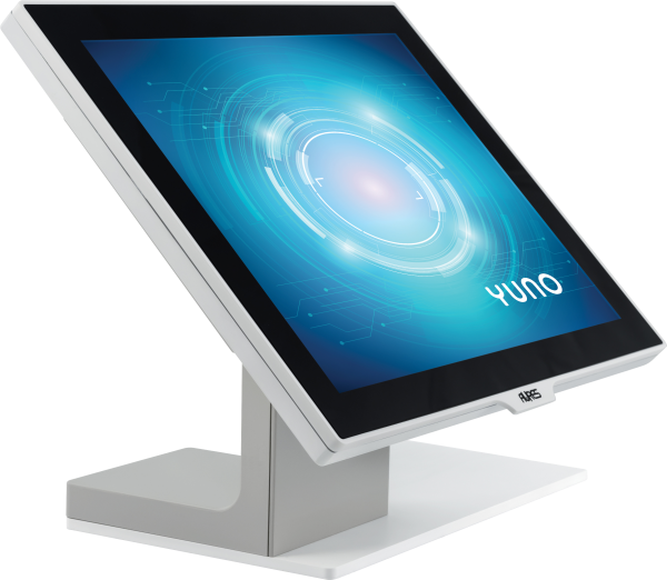 Aures Yuno EPOS terminal in white, front three-quarter view
