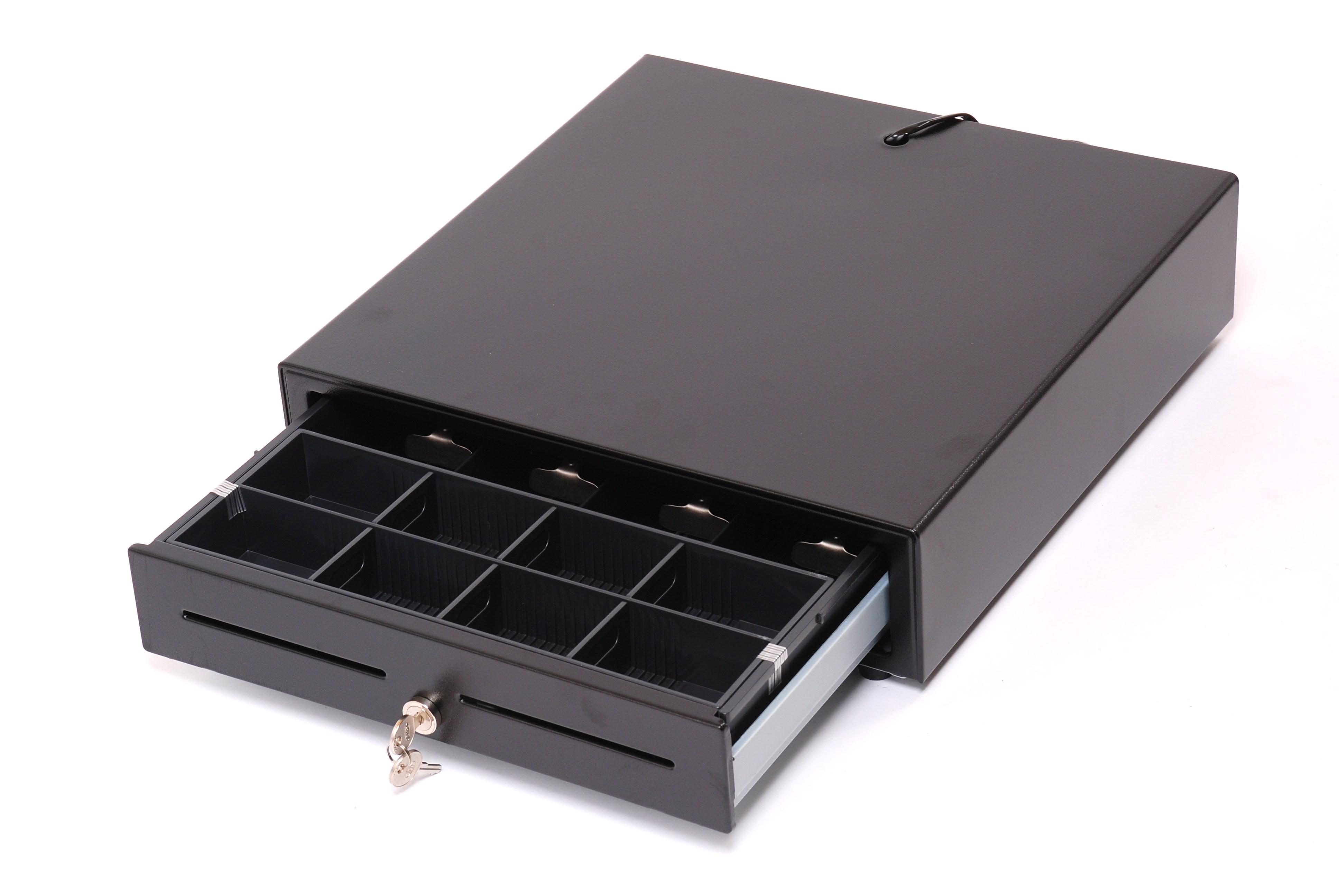 EC410 black steel cash drawer, open, showing the coin and note insert