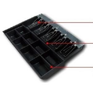 A black cash drawer insert tray with coin compartments and note clips