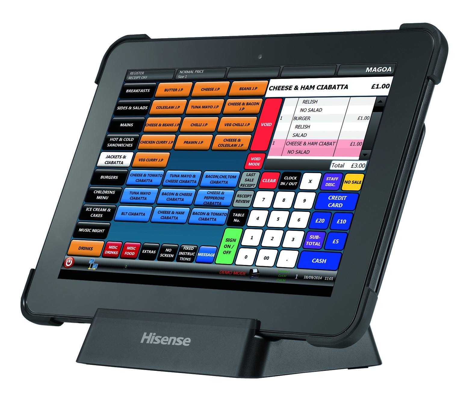 Hisense HM618 rugged tablet in its docking station showing a colour-coded till screen
