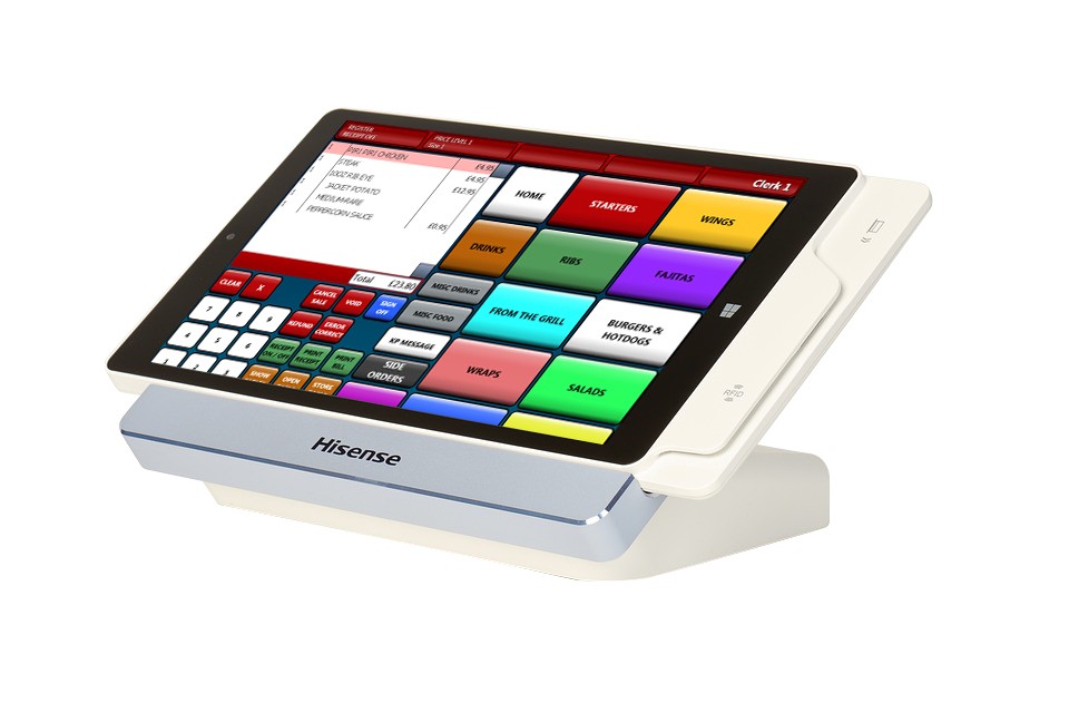 A compact tablet till in a docking station showing a colour-coded menu screen