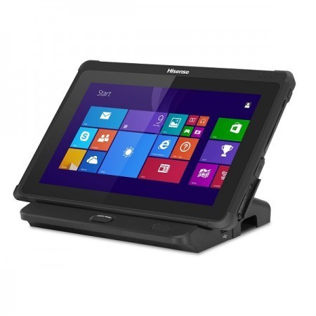 Hisense HM518 rugged tablet POS terminal seated in its docking station