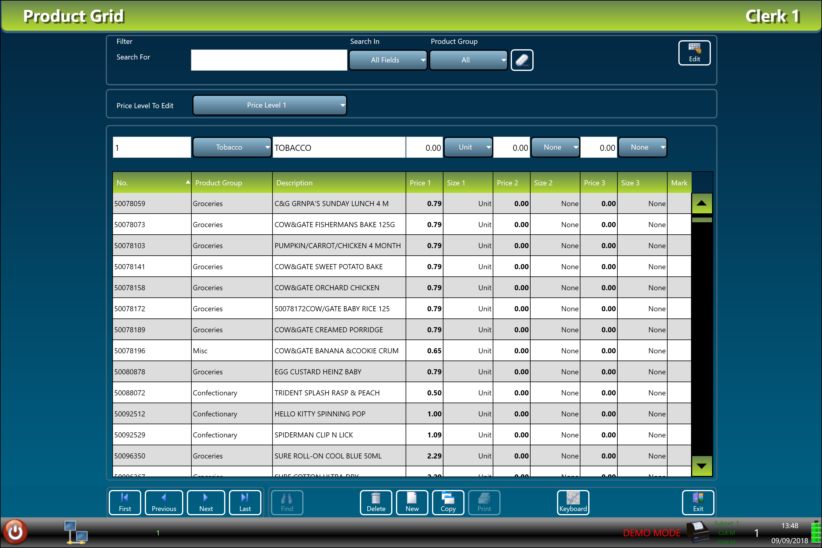 A back-office product grid being used to program a till menu, with products, prices and categories