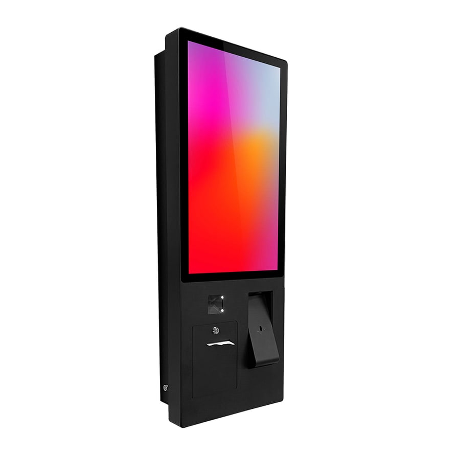 The Oxhoo ELYA 27 self-service ordering kiosk, a tall black unit with a 27 inch portrait touchscreen, receipt slot and card terminal cradle