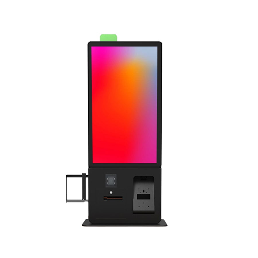The Oxhoo ELYA III self-service kiosk, a black portrait touchscreen kiosk with a status light on top, a barcode reader, receipt slot and card terminal below the screen