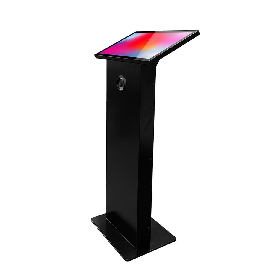 The Oxhoo ELYA IV self-service kiosk, a black floor-standing column with an angled touchscreen at the top and a round reader set into the front of the column