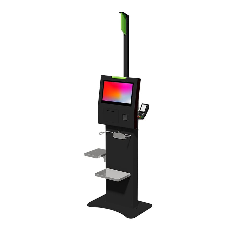 The Oxhoo ELYA SCO 15 self-checkout kiosk, a black floor-standing unit with a 15 inch screen, receipt slot, handheld scanner, card terminal and two bagging shelves
