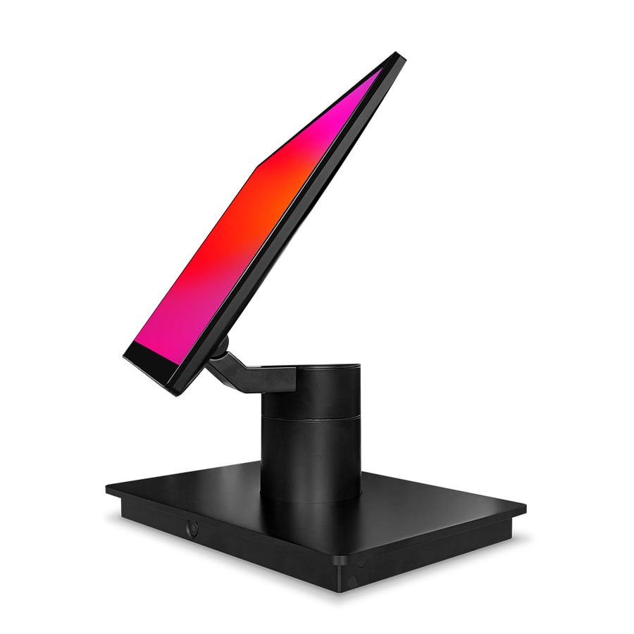 The Oxhoo EVOQ 16:9 point of sale terminal, a black widescreen touch terminal on a round pillar stand with a flat square base