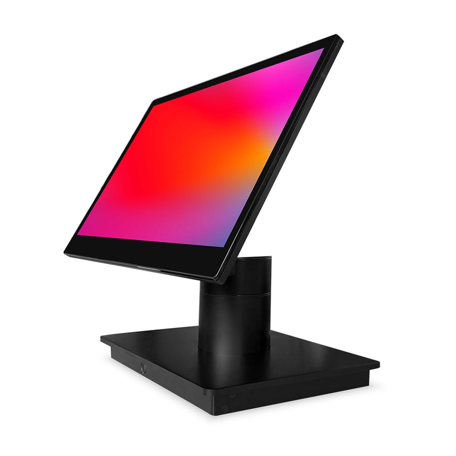 The Oxhoo EVOQ 4:3 point of sale terminal, a black countertop till with a 15 inch true-flat touchscreen on a solid stand