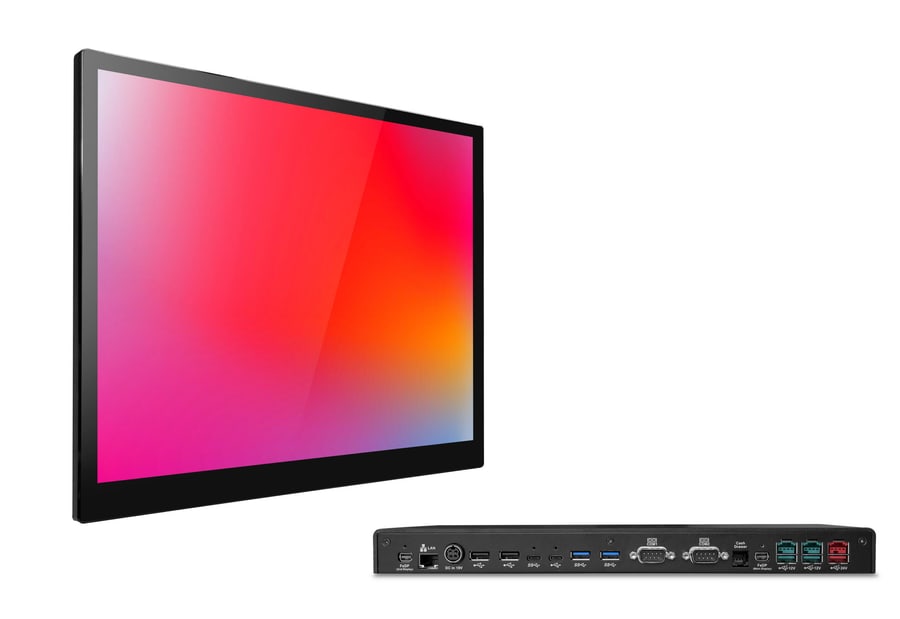 The Oxhoo EVOQ M panel display shown beside its separate input and output module with its row of ports
