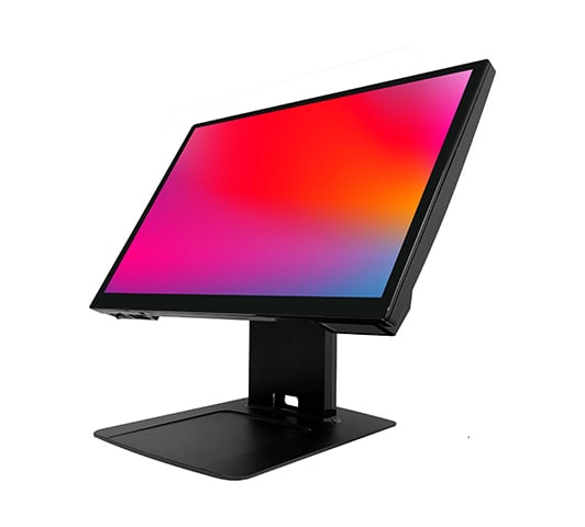 The Oxhoo JOON 16:9 all-in-one point of sale terminal, a black widescreen touch terminal on a folding counter stand