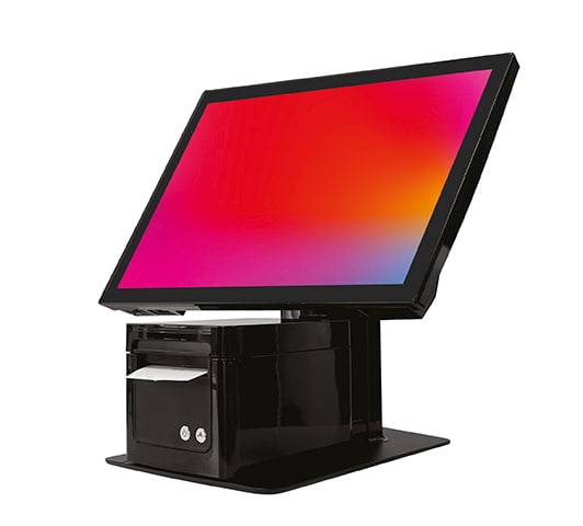 The Oxhoo JOON 4:3 all-in-one point of sale terminal with its receipt printer built into the base, a receipt part printed