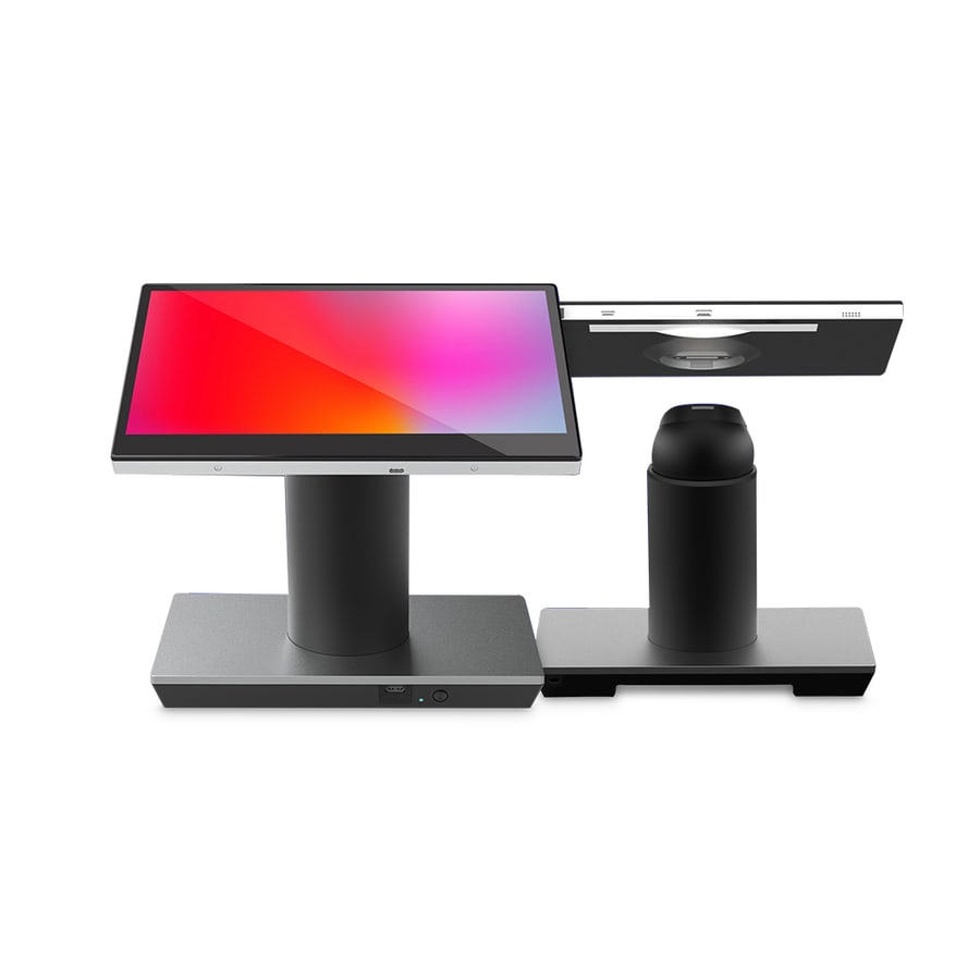 The Oxhoo MOOV hybrid point of sale terminal on its stand, shown alongside a second view of the screen lifted clear of the docking column
