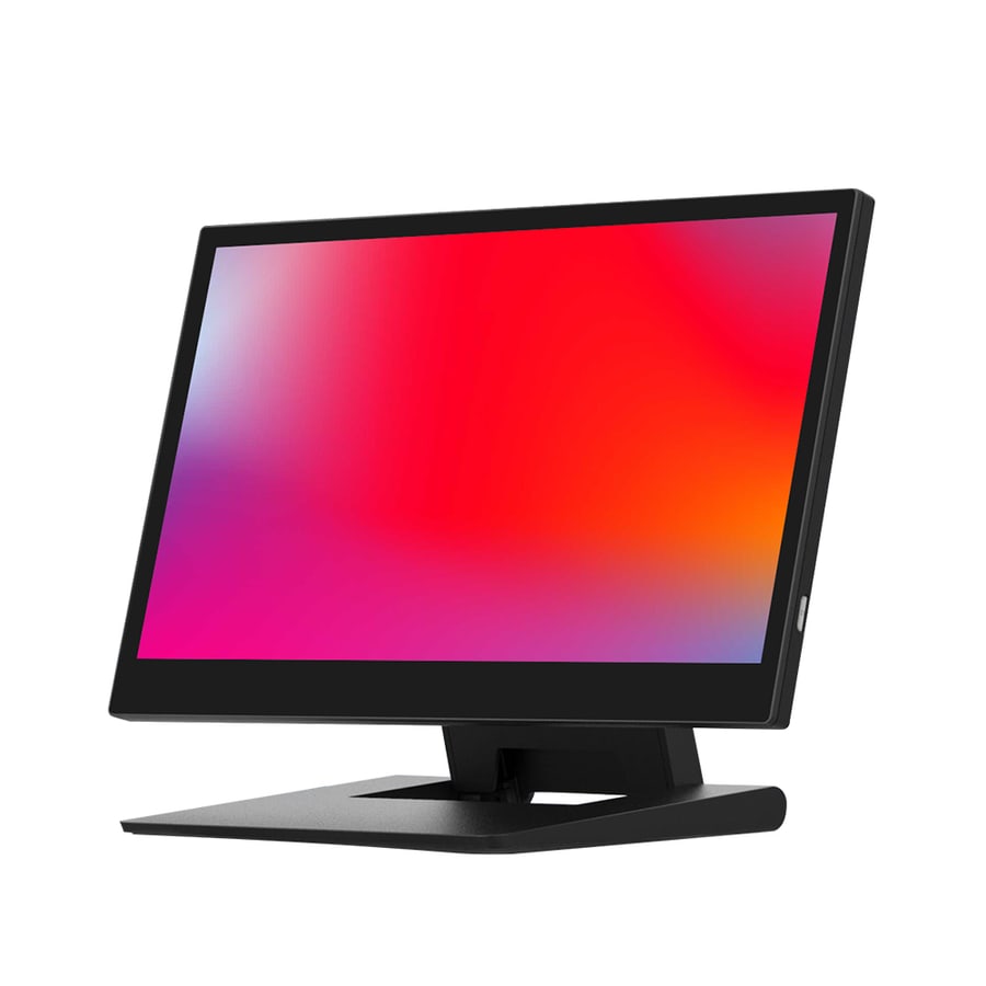 The Oxhoo NOOM point of sale terminal, a slim black widescreen touch terminal on a low wedge-shaped base