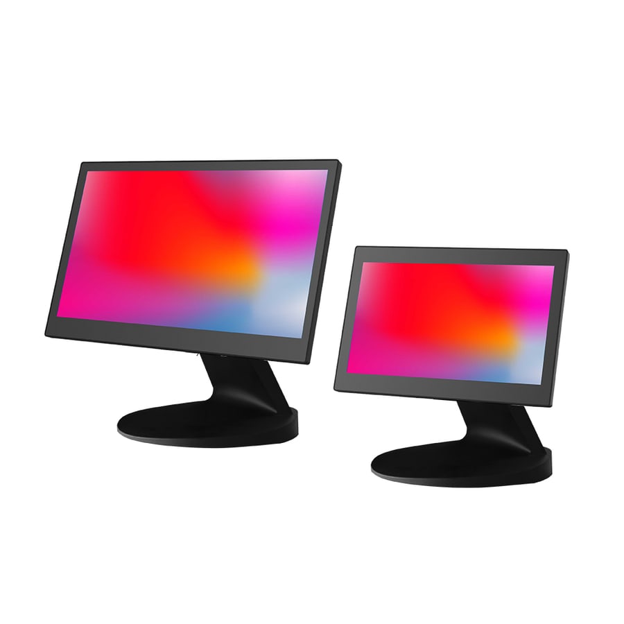 The Oxhoo ONIX 400 point of sale terminal shown in both screen sizes side by side on curved pedestal stands