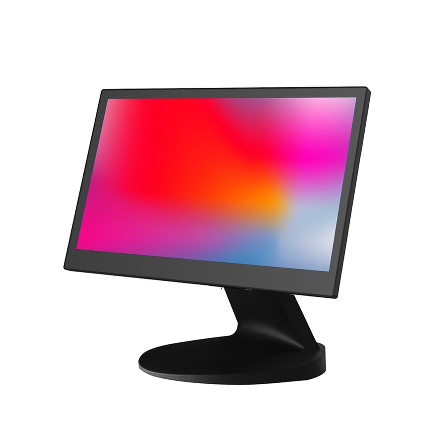 The Oxhoo ONIX 400A Android point of sale terminal, a black widescreen touch terminal on a curved pedestal stand
