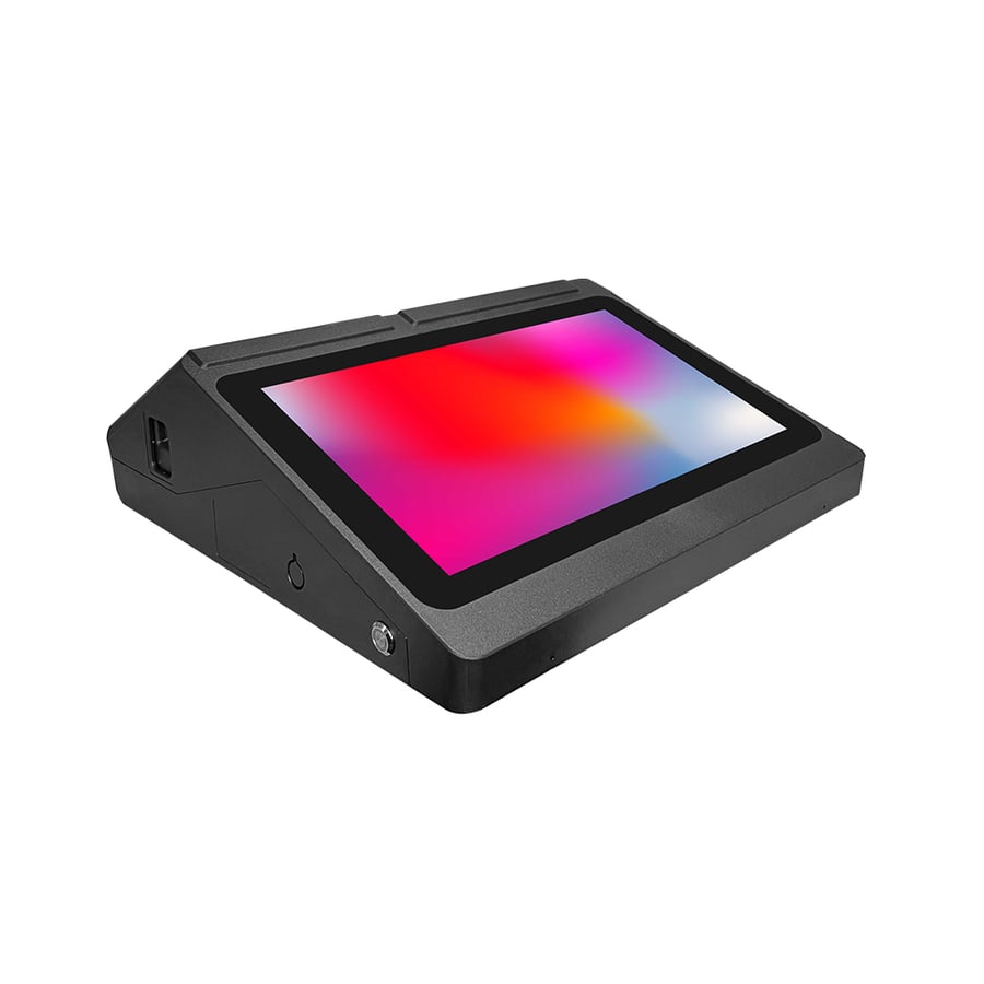 The Oxhoo SMART point of sale terminal, a compact black wedge-shaped unit with an 11.6 inch touchscreen set into the top