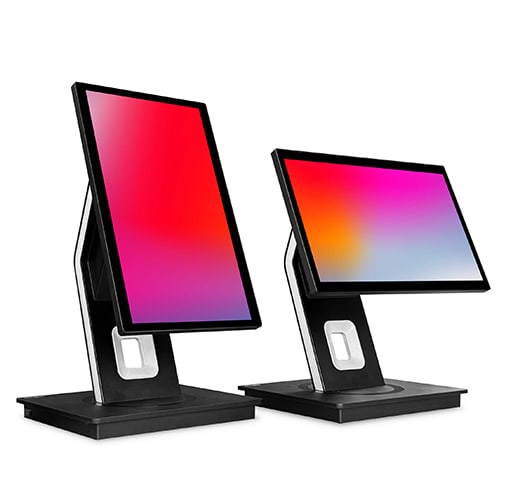 Two Oxhoo ZENIO point of sale terminals on height-adjustable stands, one screen turned to portrait and one to landscape