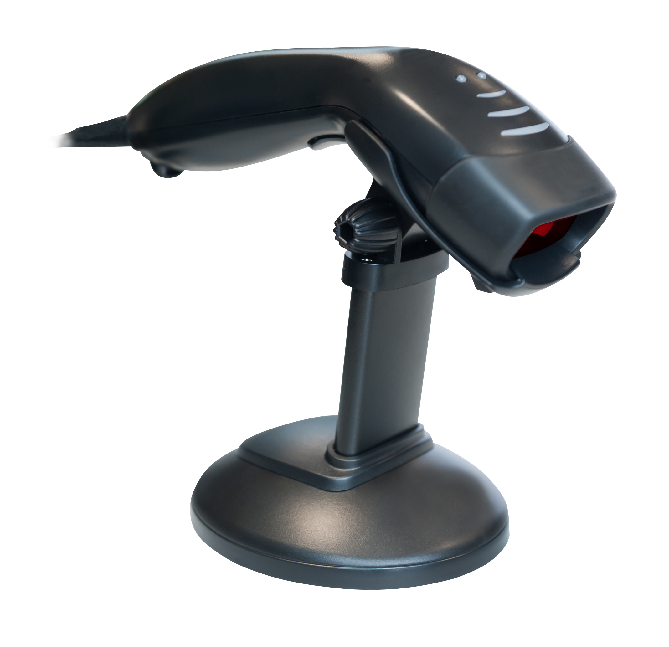 Aures PS50 II handheld barcode scanner in black, resting in its stand