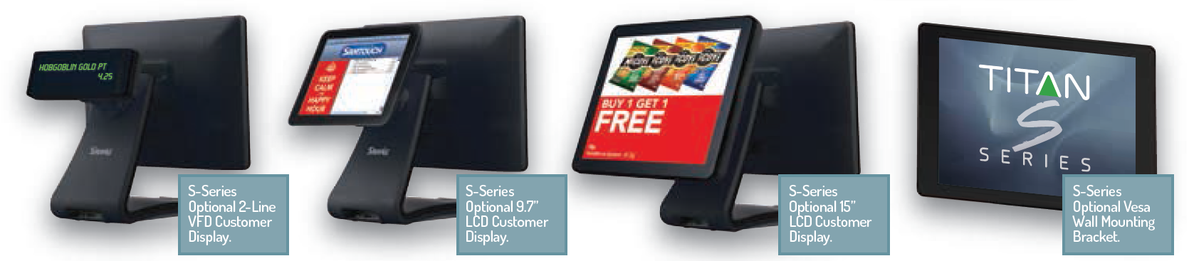 Sam4s Titan terminals shown with the rear customer display options available for them