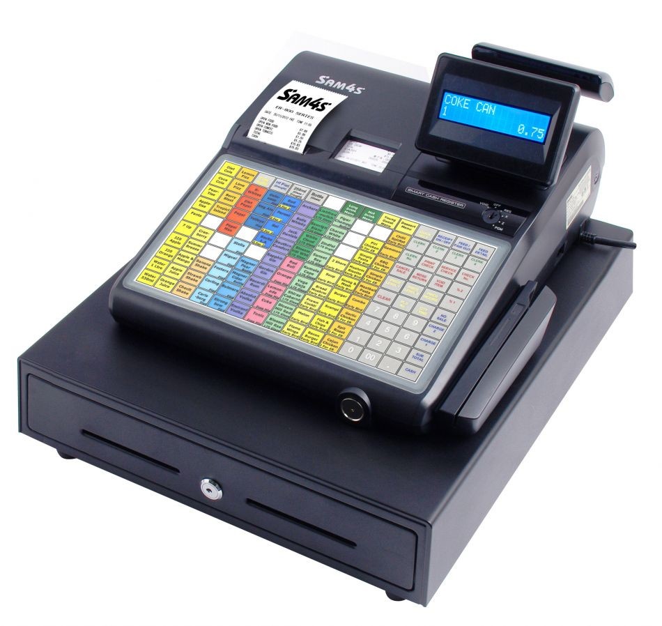 Sam4s ER-940 cash register with a flat colour-coded keyboard and cash drawer