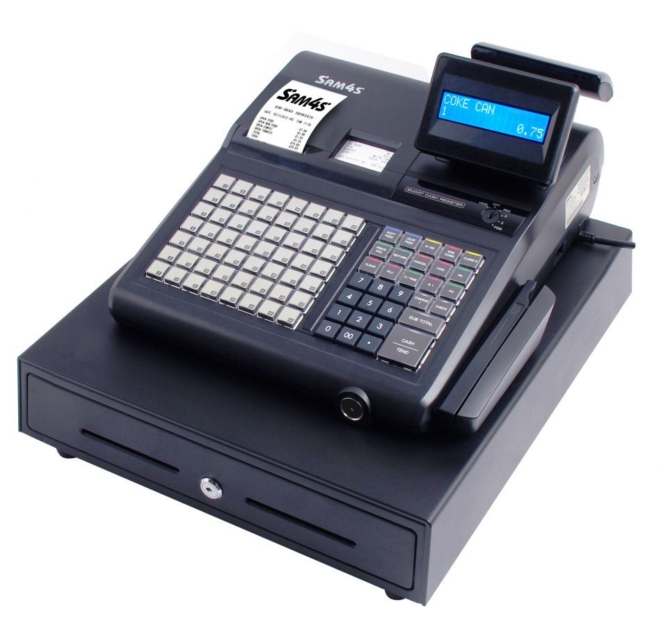 Sam4s ER-945 cash register with a raised keyboard, customer display and cash drawer