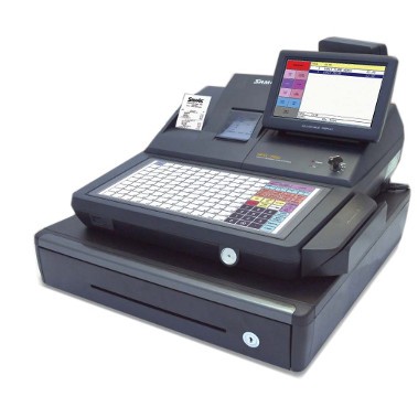 The Sam4s SPS-520F cash register with a flat keyboard, black