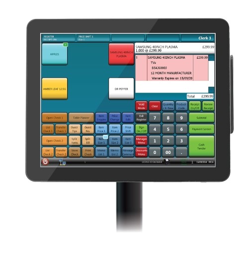 A pole-mounted touch screen terminal showing a menu of product buttons