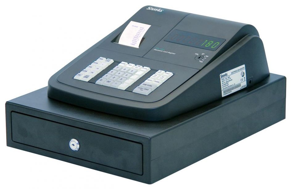 Sam4s ER-180US compact cash register with an integrated cash drawer