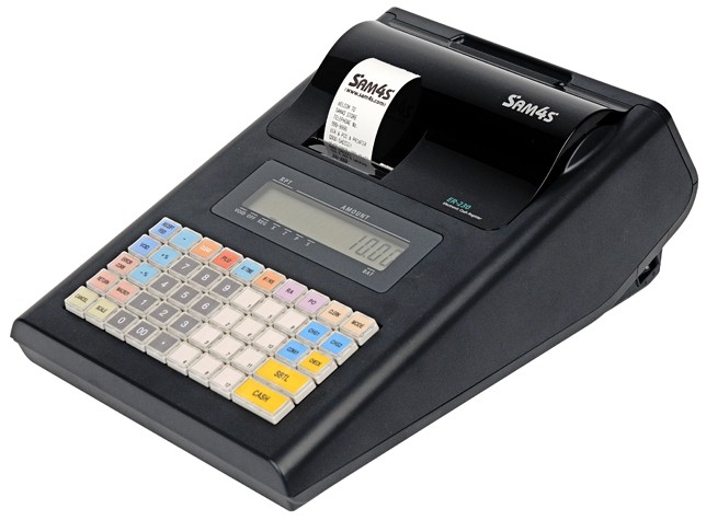 Sam4s ER-230BEJ portable battery cash register, side view with a printed receipt