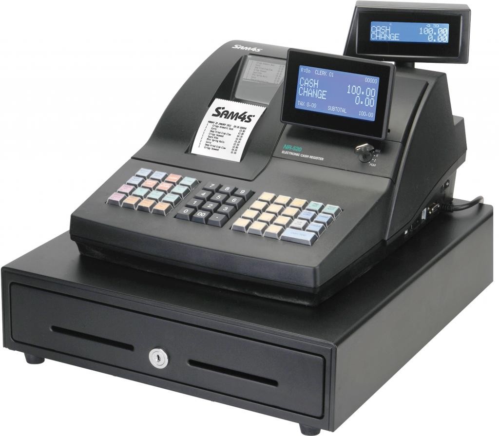 Sam4s NR-520R cash register with a raised keyboard, operator display and cash drawer